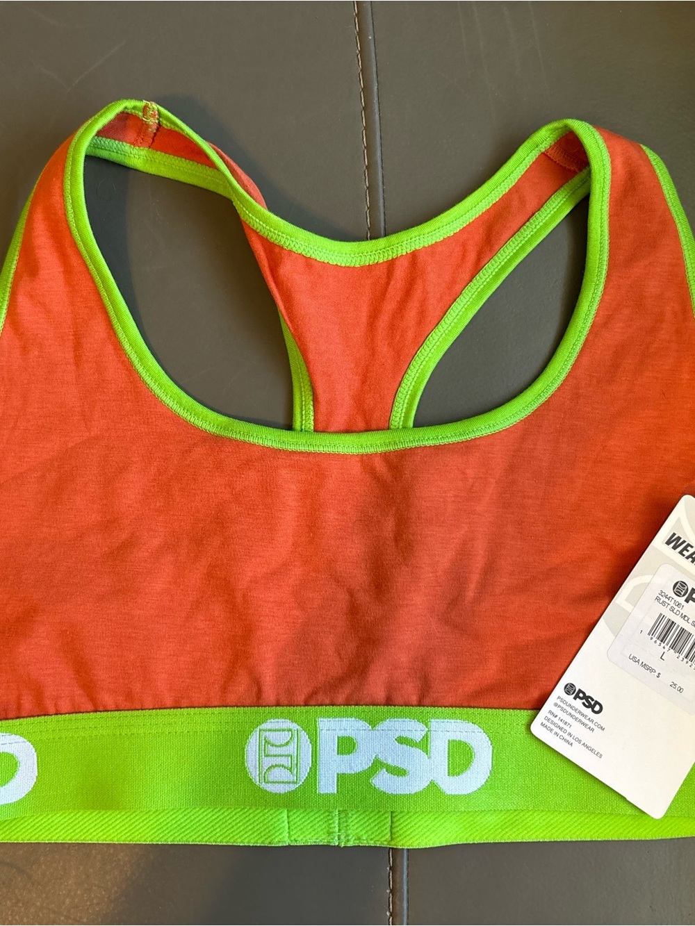 PSD Women's Racerback Sports Bra L Orange/Green Logo Band Wireless